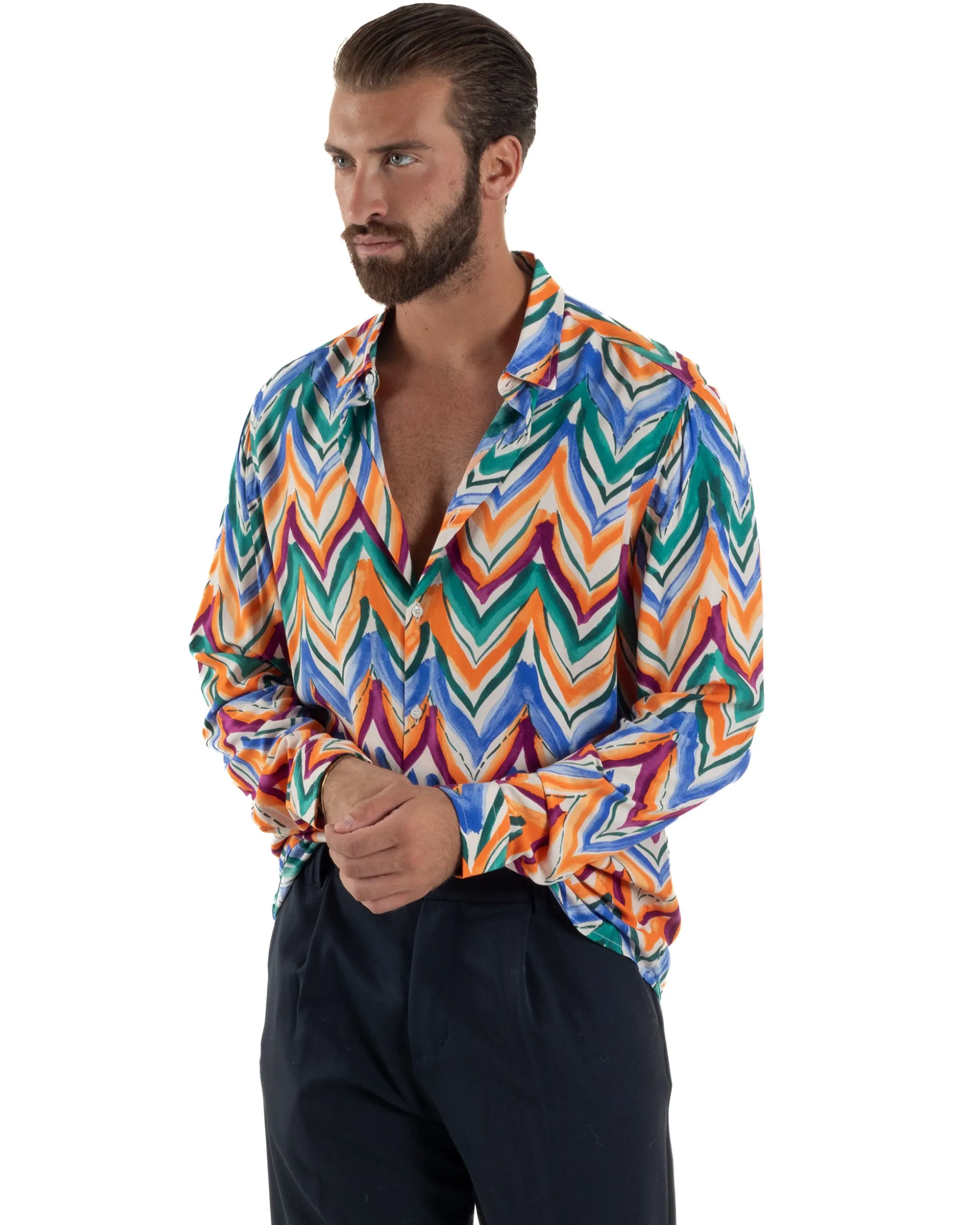Camicia Uomo Colletto Viscosa Fantasia Multicolore BlackSunday C3061A