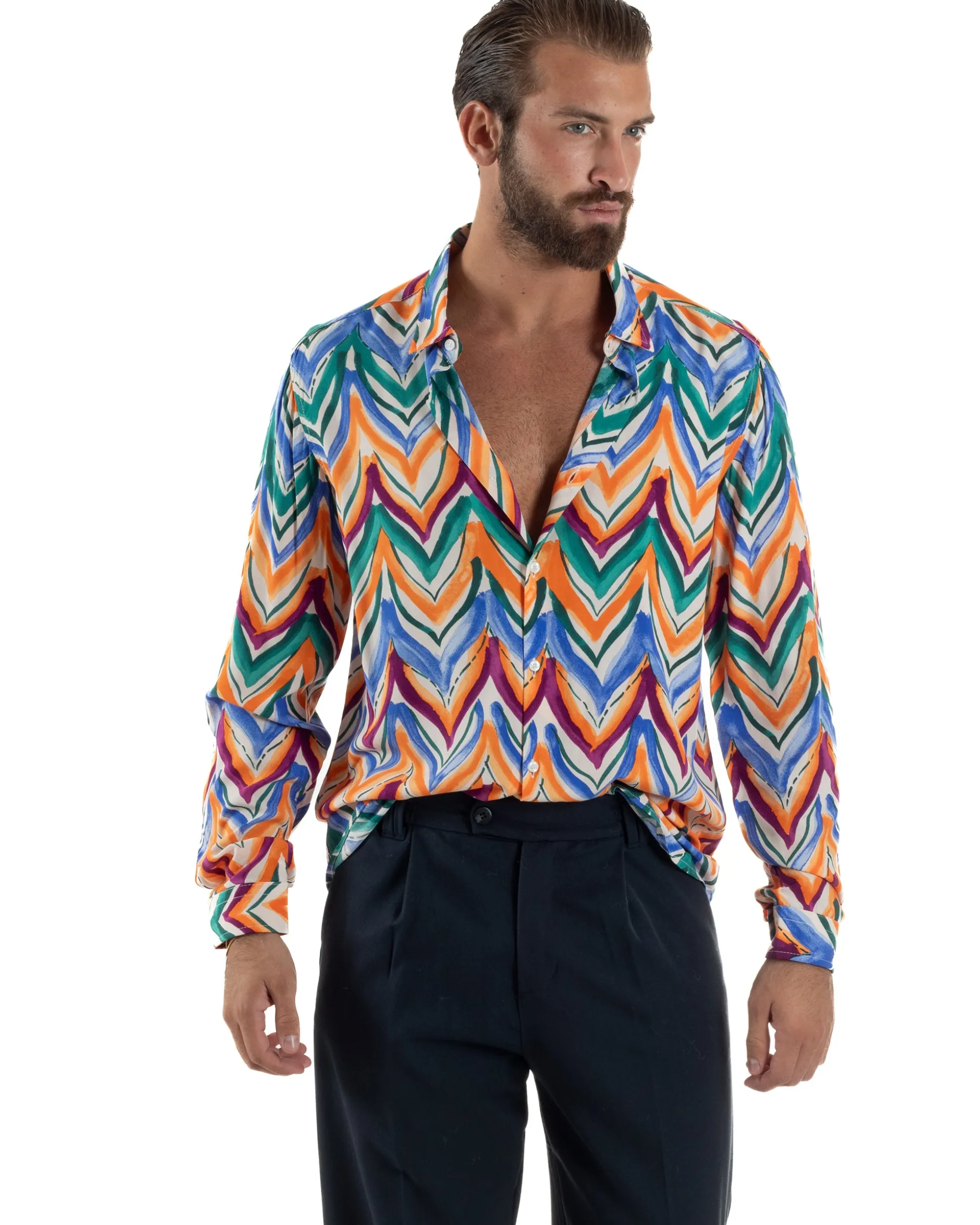 Camicia Uomo Colletto Viscosa Fantasia Multicolore BlackSunday C3061A