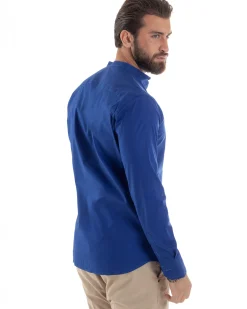 Camicia Uomo Collo Coreano Cotone Basic Sartoriale Slim Fit Blu Royal C2932A