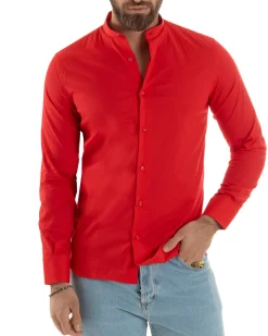 Camicia Uomo Collo Coreano Cotone Basic Sartoriale Slim Fit Rosso C2929A