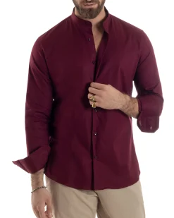 Camicia Uomo Collo Coreano Cotone Basic Sartoriale Slim Fit Bordeaux C2935A