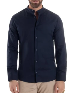 Camicia Uomo Collo Coreano Cotone Basic Sartoriale Slim Fit Blu C2938A
