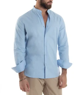 Camicia Uomo Collo Coreano Cotone Basic Sartoriale Slim Fit Celeste C2939A