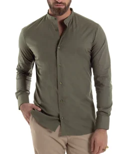 Camicia Uomo Collo Coreano Cotone Basic Sartoriale Slim Fit Verde Militare C2930A