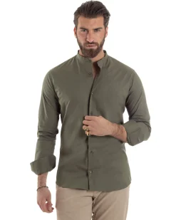 Camicia Uomo Collo Coreano Cotone Basic Sartoriale Slim Fit Verde Militare C2930A