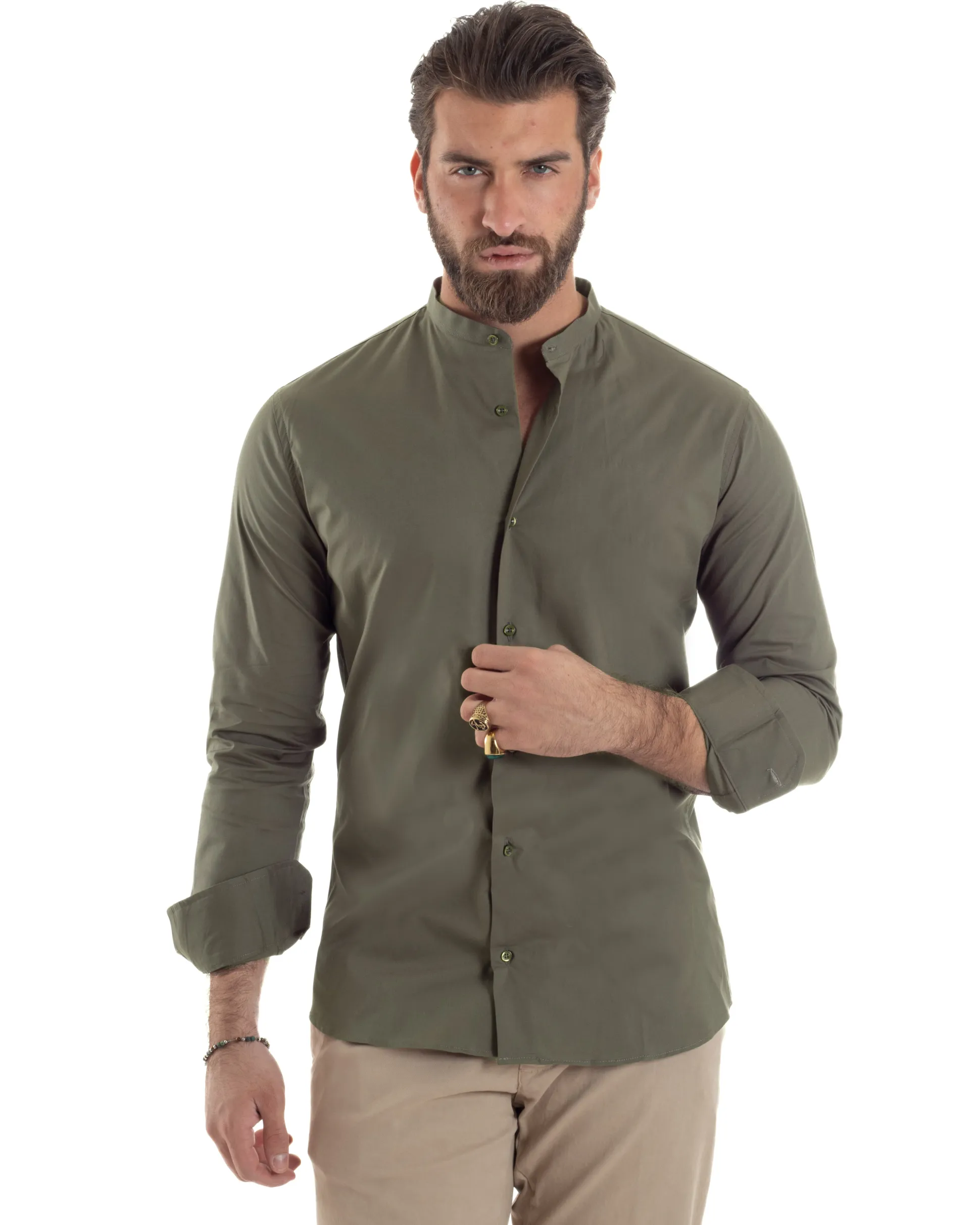 Camicia Uomo Collo Coreano Cotone Basic Sartoriale Slim Fit Verde Militare C2930A