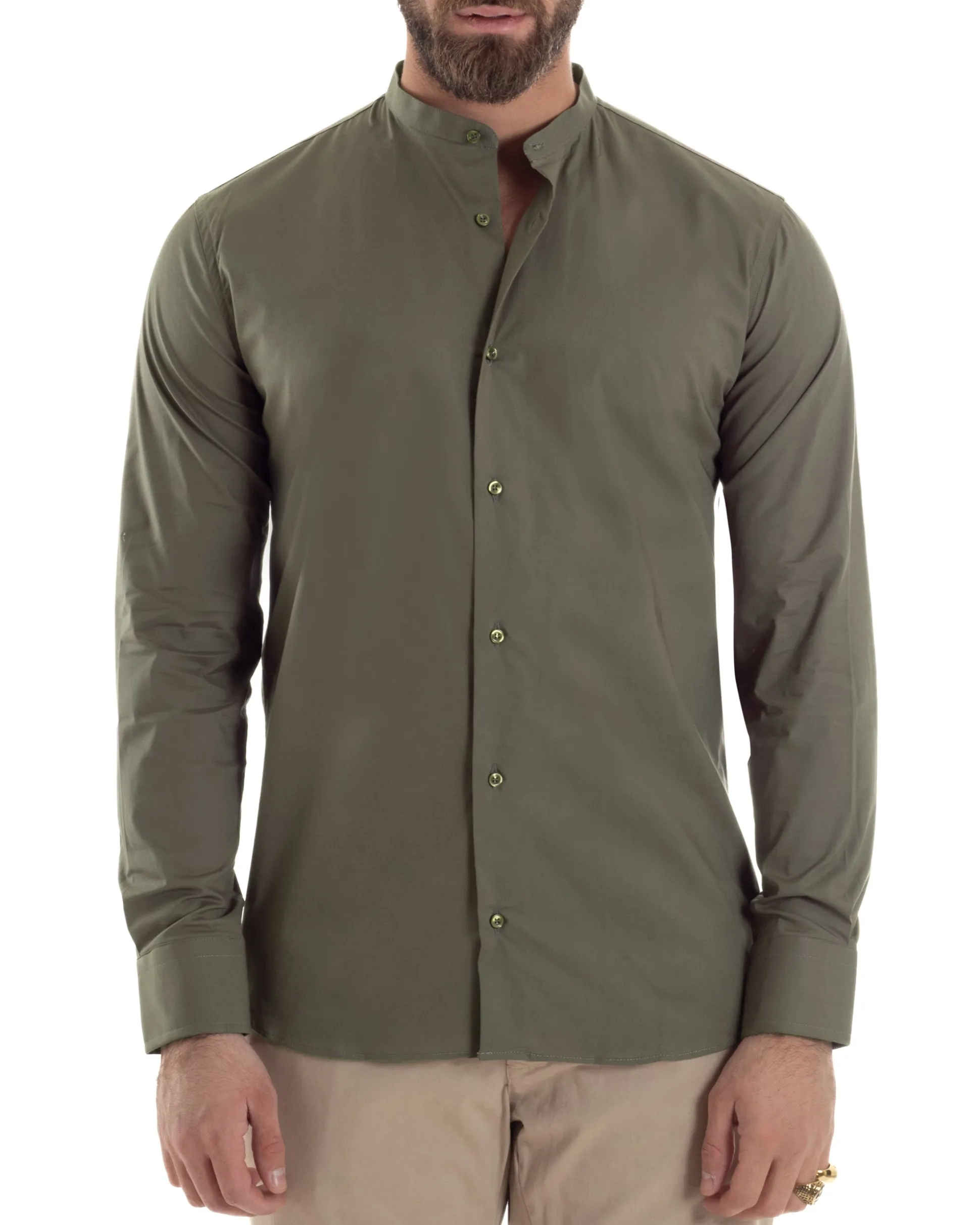 Camicia Uomo Collo Coreano Cotone Basic Sartoriale Slim Fit Verde Militare C2930A