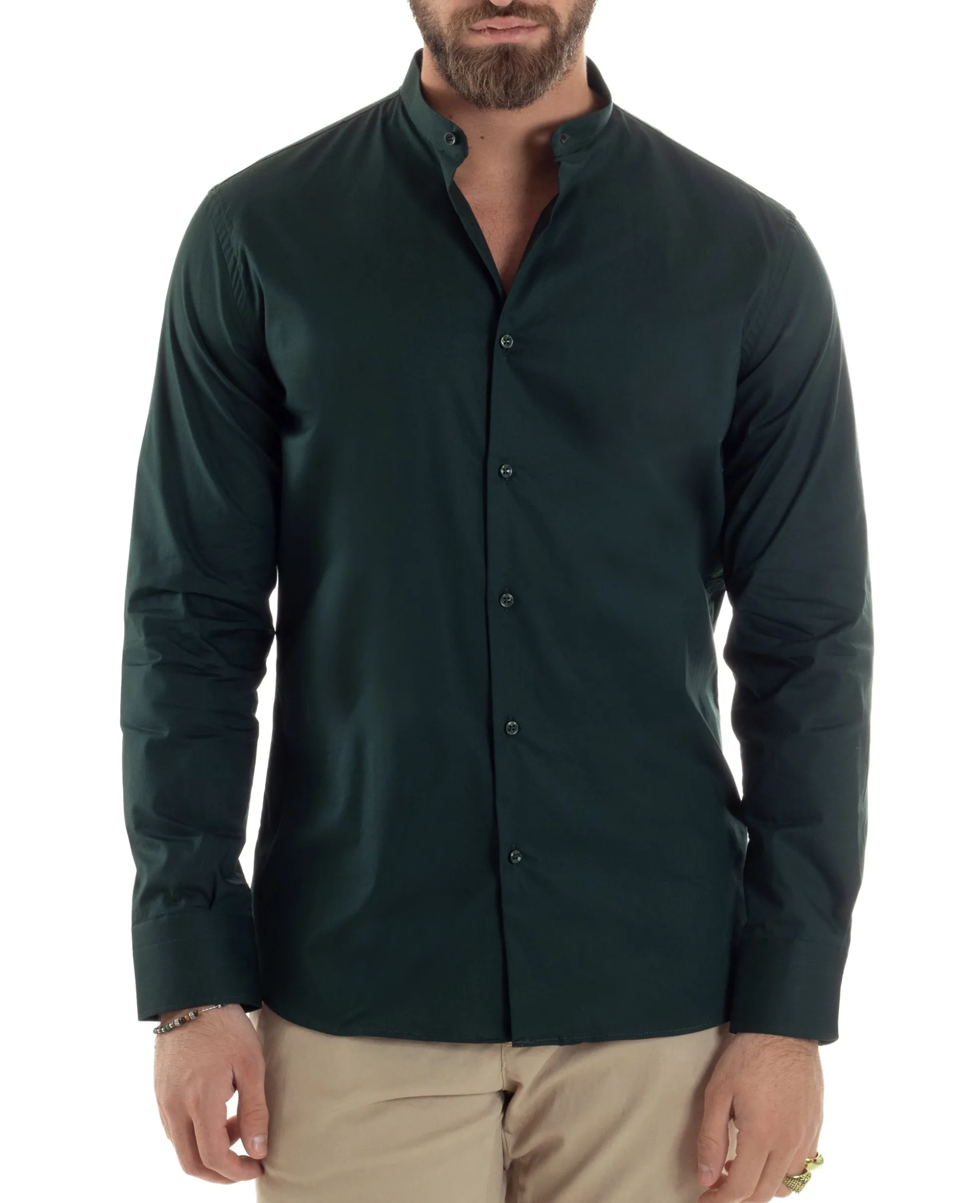 Camicia Uomo Collo Coreano Cotone Basic Sartoriale Slim Fit Verde Bottiglia C2936A
