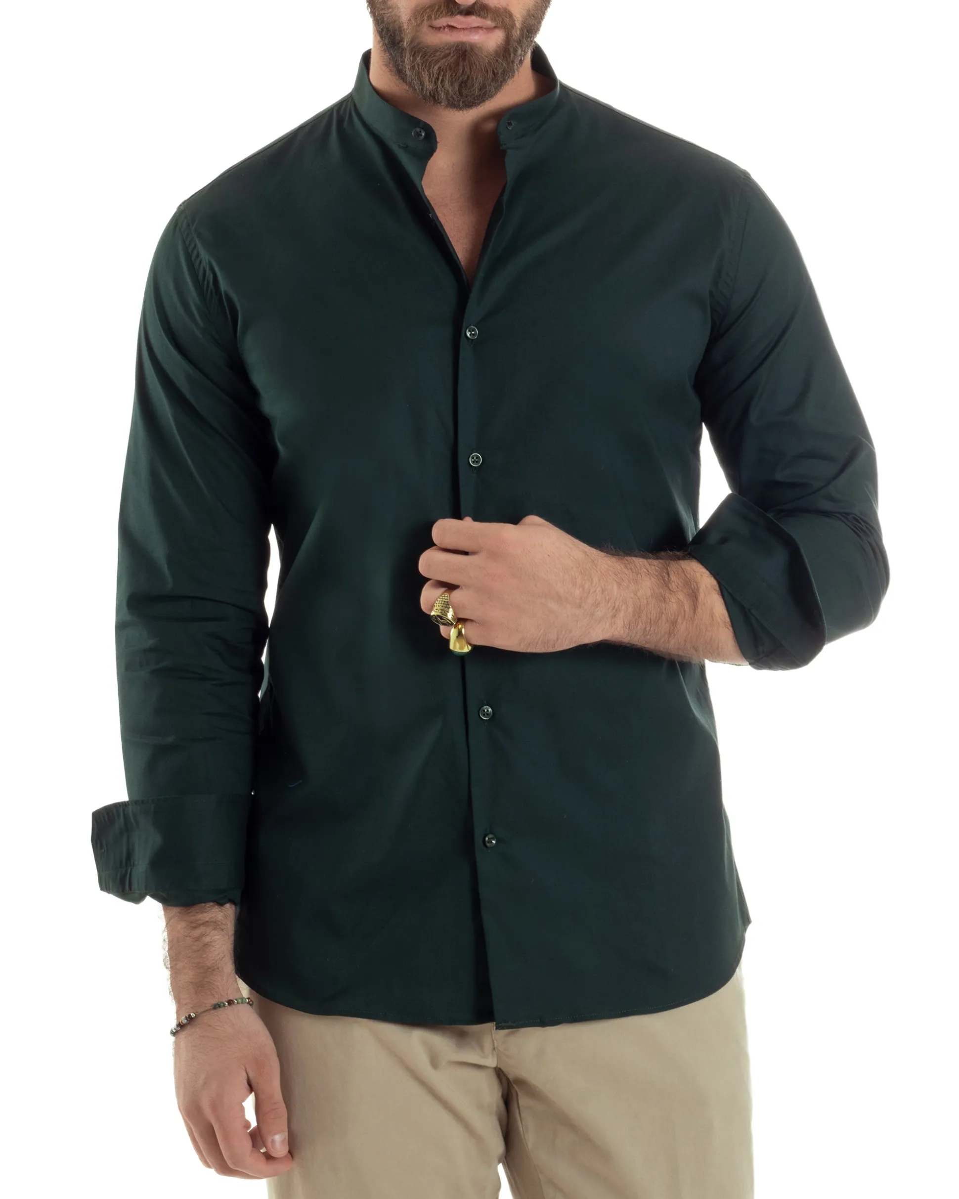 Camicia Uomo Collo Coreano Cotone Basic Sartoriale Slim Fit Verde Bottiglia C2936A