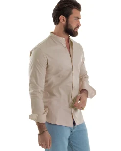 Camicia Uomo Collo Coreano Cotone Basic Sartoriale Slim Fit Beige C2937A