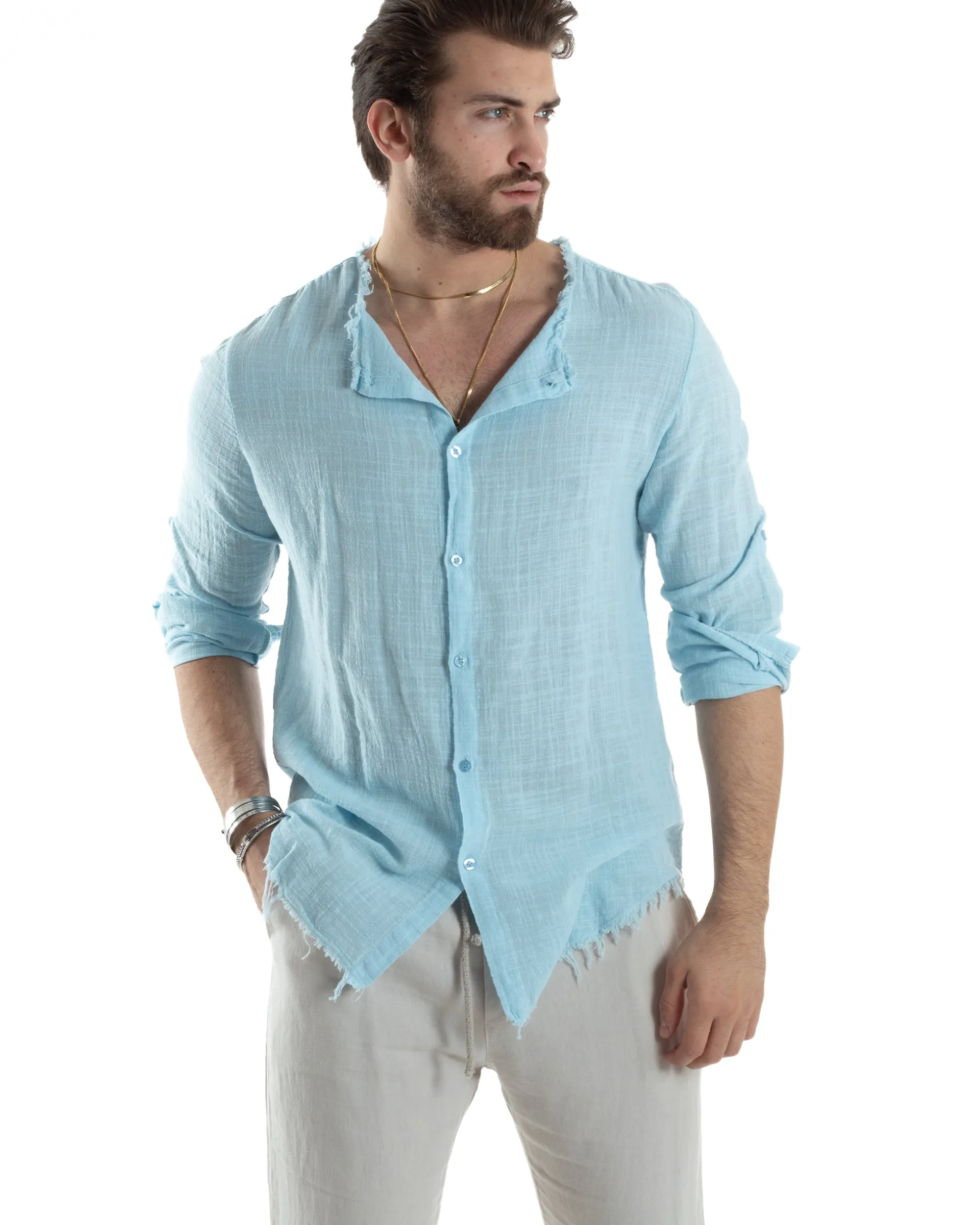Camicia Uomo Collo Coreano Cotone Lino Sfrangiata Morbida Celeste GIOSAL-C2837A