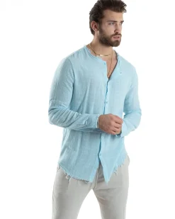 Camicia Uomo Collo Coreano Cotone Lino Sfrangiata Morbida Celeste GIOSAL-C2837A