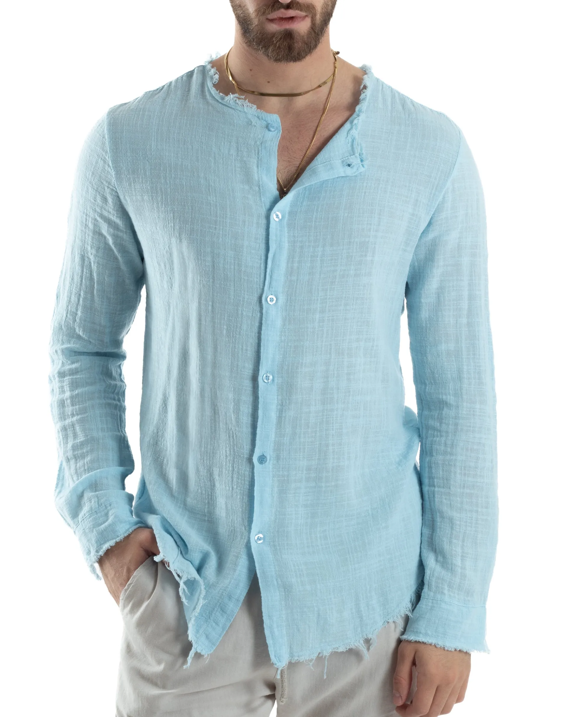 Camicia Uomo Collo Coreano Cotone Lino Sfrangiata Morbida Celeste GIOSAL-C2837A