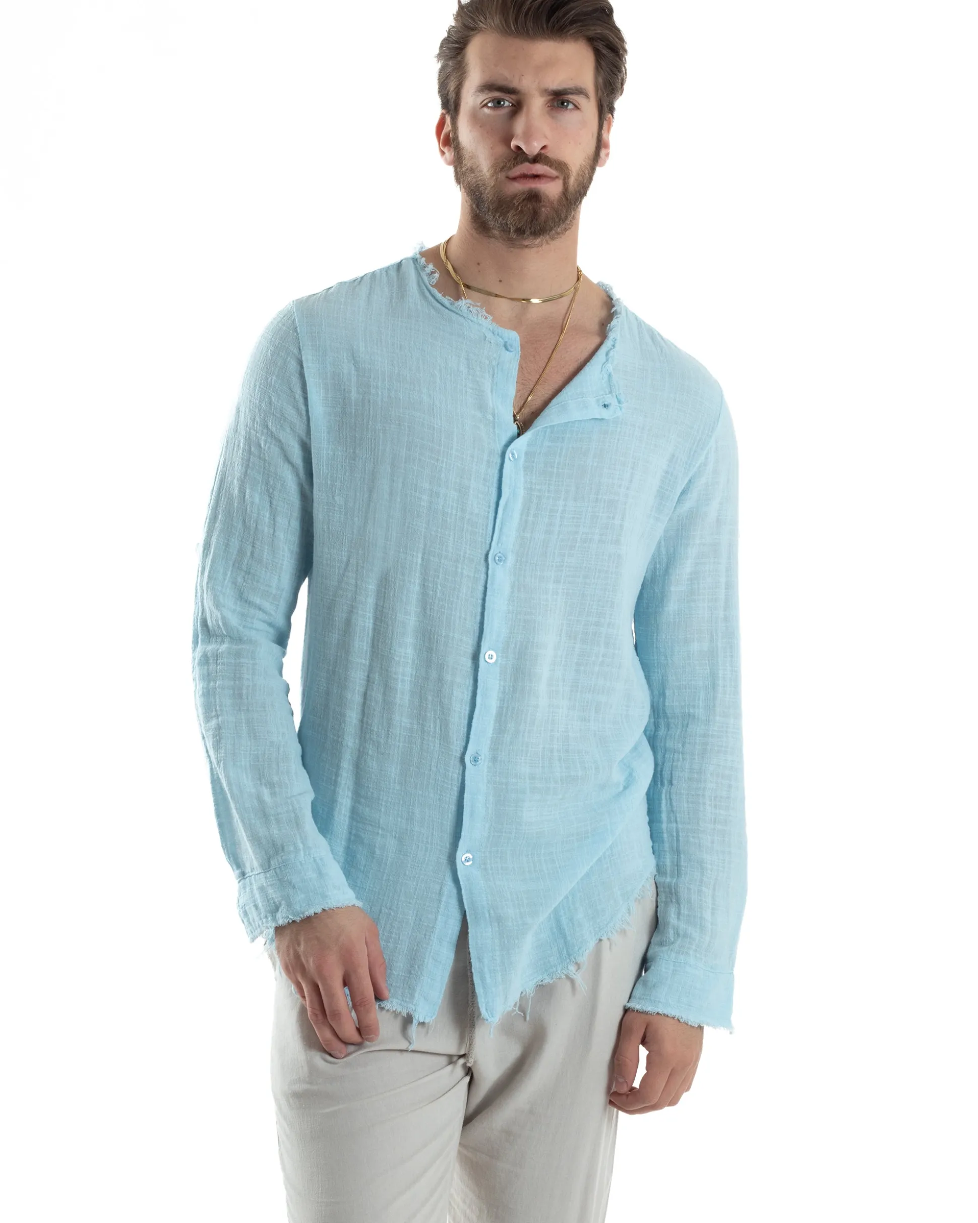Camicia Uomo Collo Coreano Cotone Lino Sfrangiata Morbida Celeste GIOSAL-C2837A