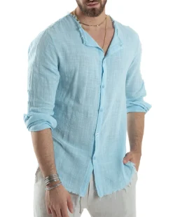 Camicia Uomo Collo Coreano Cotone Lino Sfrangiata Morbida Celeste GIOSAL-C2837A