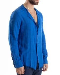 Camicia Uomo Collo Coreano Cotone Lino Sfrangiata Morbida Blu Royal GIOSAL-C2842A