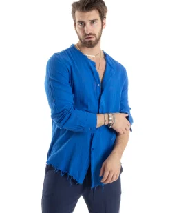 Camicia Uomo Collo Coreano Cotone Lino Sfrangiata Morbida Blu Royal GIOSAL-C2842A