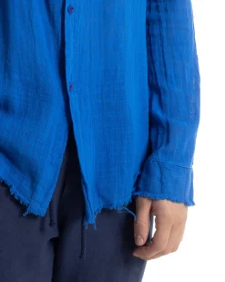 Camicia Uomo Collo Coreano Cotone Lino Sfrangiata Morbida Blu Royal GIOSAL-C2842A