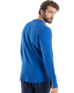 Camicia Uomo Collo Coreano Cotone Lino Sfrangiata Morbida Blu Royal GIOSAL-C2842A