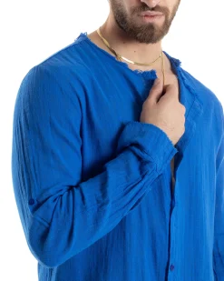 Camicia Uomo Collo Coreano Cotone Lino Sfrangiata Morbida Blu Royal GIOSAL-C2842A