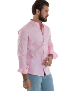 Camicia Uomo Collo Coreano Cotone Basic Sartoriale Slim Fit Rosa C2933A