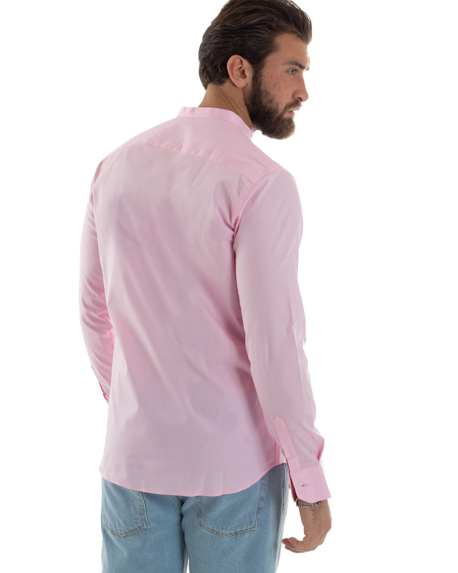 Camicia Uomo Collo Coreano Cotone Basic Sartoriale Slim Fit Rosa C2933A