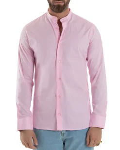 Camicia Uomo Collo Coreano Cotone Basic Sartoriale Slim Fit Rosa C2933A