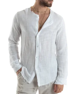 Camicia Uomo Collo Coreano Cotone Lino Sfrangiata Morbida Bianco GIOSAL-C2840A
