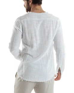 Camicia Uomo Collo Coreano Cotone Lino Sfrangiata Morbida Bianco GIOSAL-C2840A