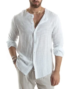 Camicia Uomo Collo Coreano Cotone Lino Sfrangiata Morbida Bianco GIOSAL-C2840A