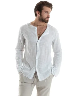 Camicia Uomo Collo Coreano Cotone Lino Sfrangiata Morbida Bianco GIOSAL-C2840A