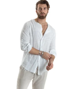Camicia Uomo Collo Coreano Cotone Lino Sfrangiata Morbida Bianco GIOSAL-C2840A