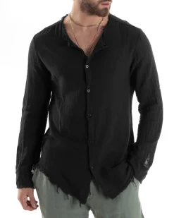 Camicia Uomo Collo Coreano Cotone Lino Sfrangiata Morbida Nero GIOSAL-C2843A