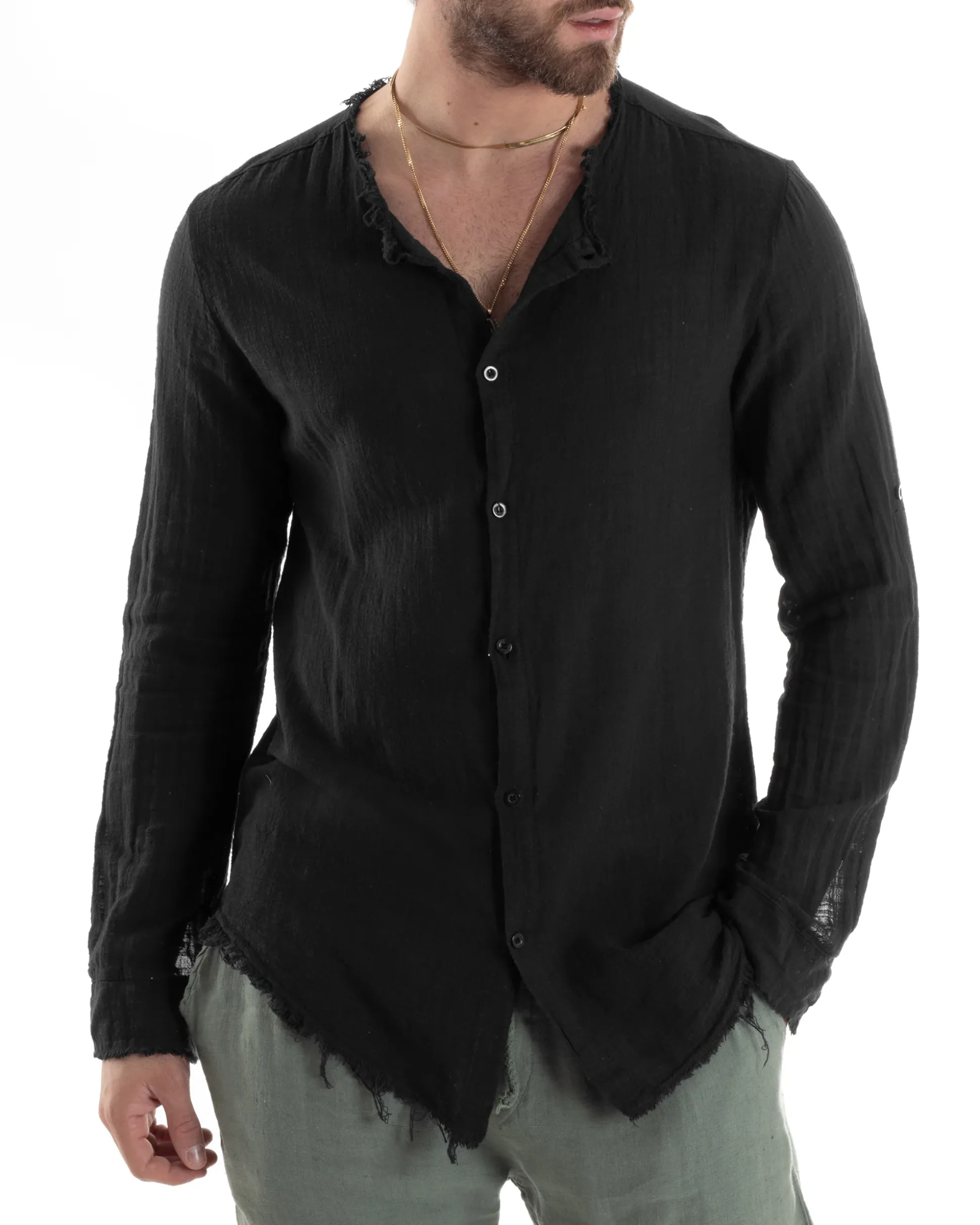 Camicia Uomo Collo Coreano Cotone Lino Sfrangiata Morbida Nero GIOSAL-C2843A