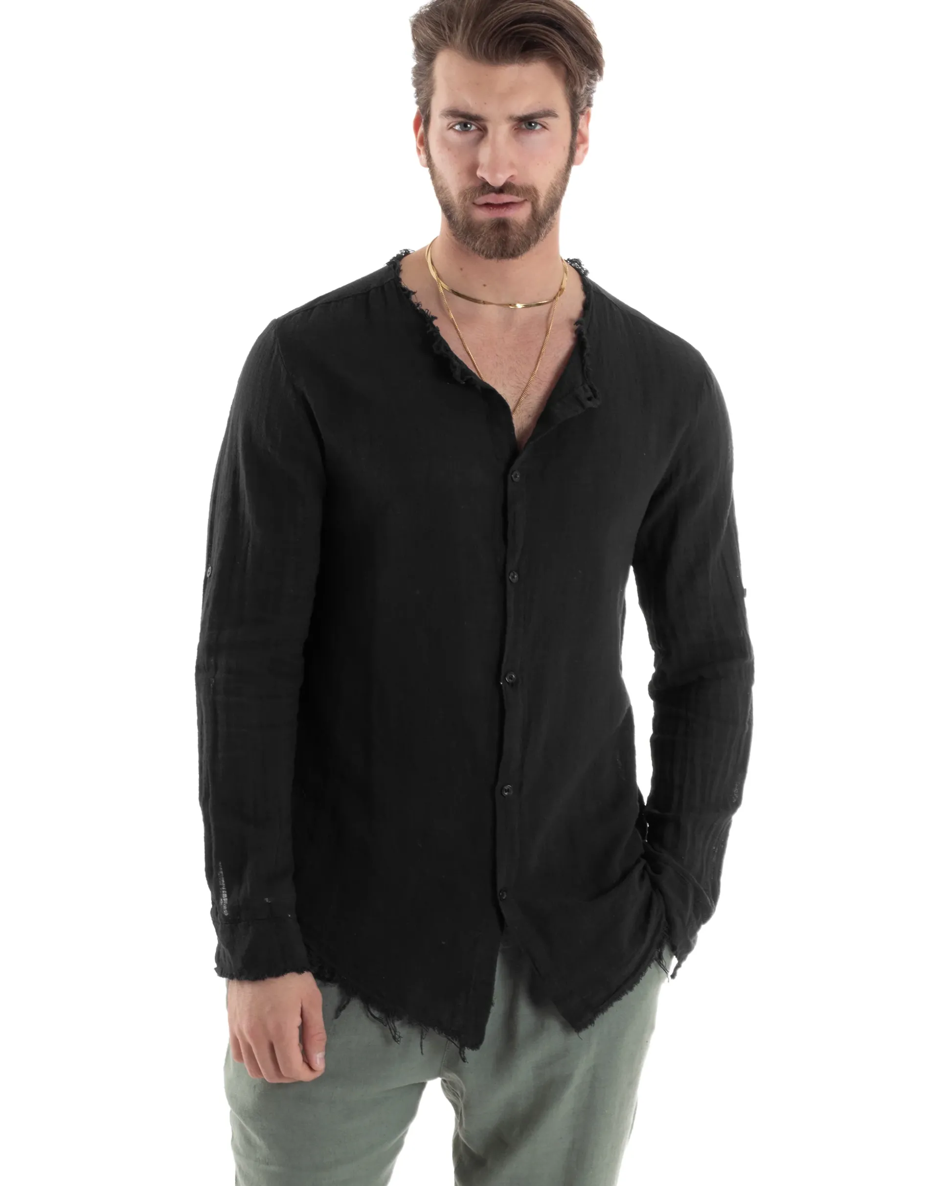 Camicia Uomo Collo Coreano Cotone Lino Sfrangiata Morbida Nero GIOSAL-C2843A