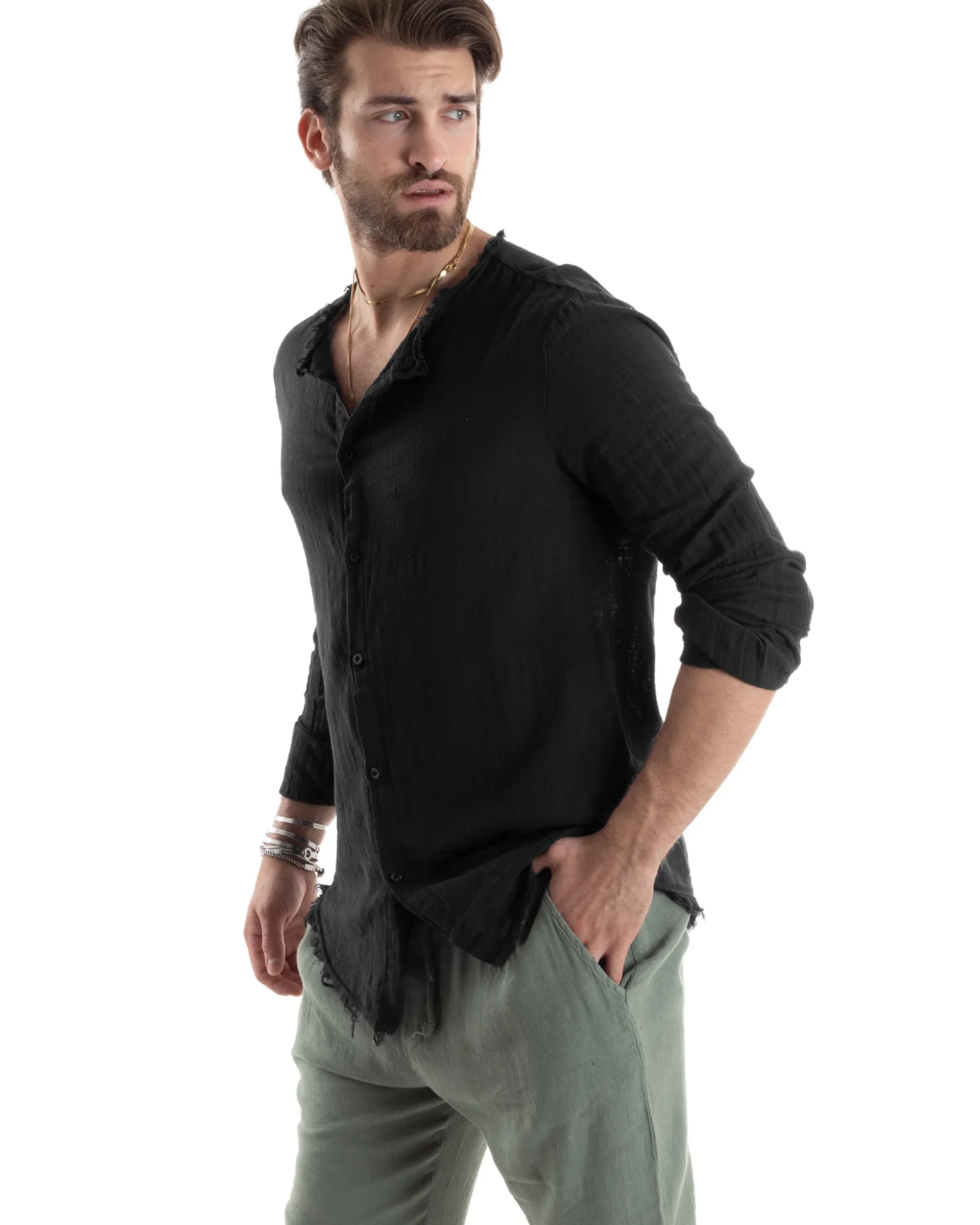 Camicia Uomo Collo Coreano Cotone Lino Sfrangiata Morbida Nero GIOSAL-C2843A
