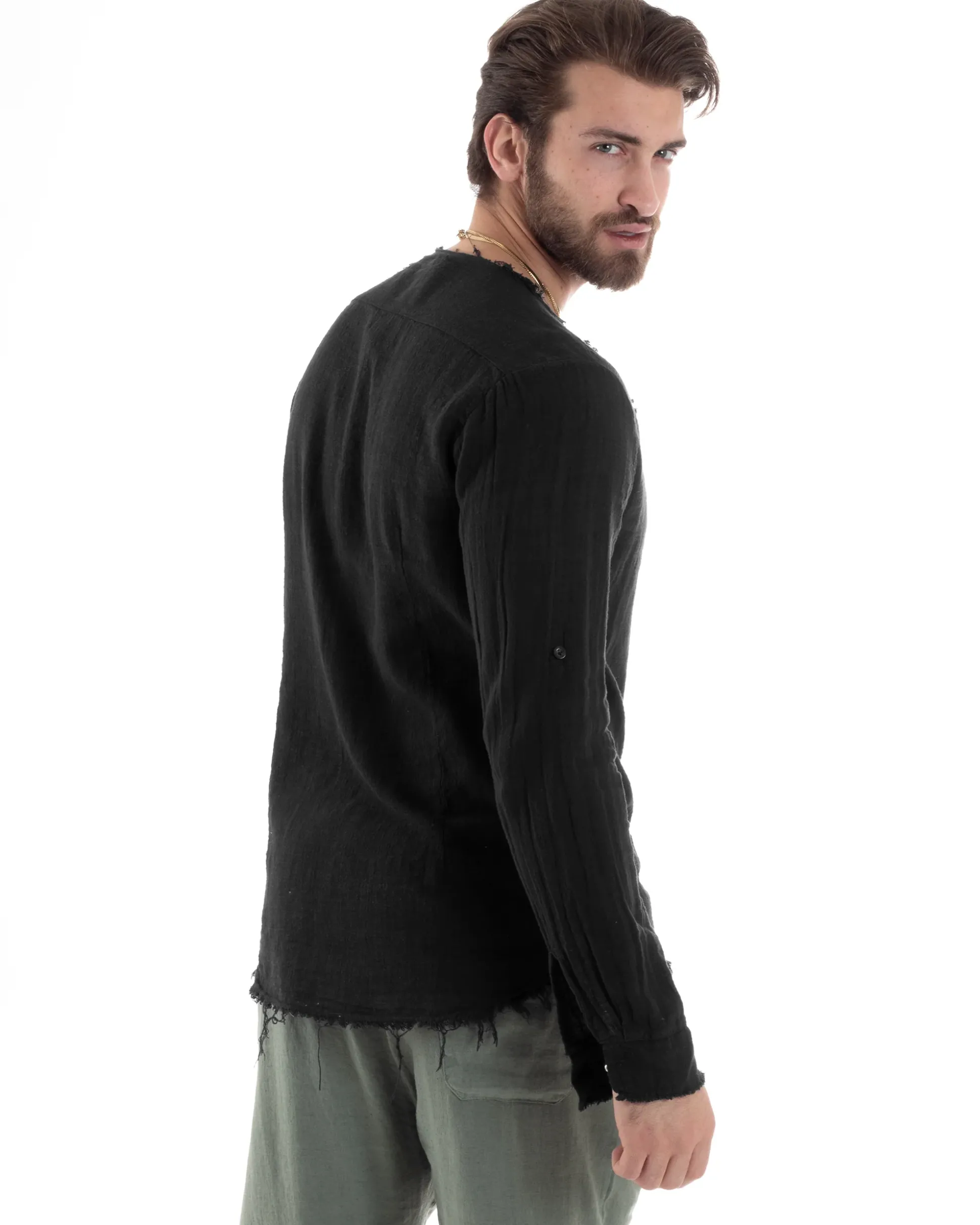 Camicia Uomo Collo Coreano Cotone Lino Sfrangiata Morbida Nero GIOSAL-C2843A