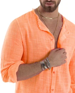 Camicia Uomo Collo Coreano Cotone Lino Sfrangiata Morbida Arancione Fluo GIOSAL-C2959A
