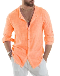 Camicia Uomo Collo Coreano Cotone Lino Sfrangiata Morbida Arancione Fluo GIOSAL-C2959A