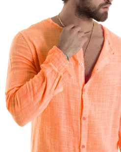 Camicia Uomo Collo Coreano Cotone Lino Sfrangiata Morbida Arancione Fluo GIOSAL-C2959A