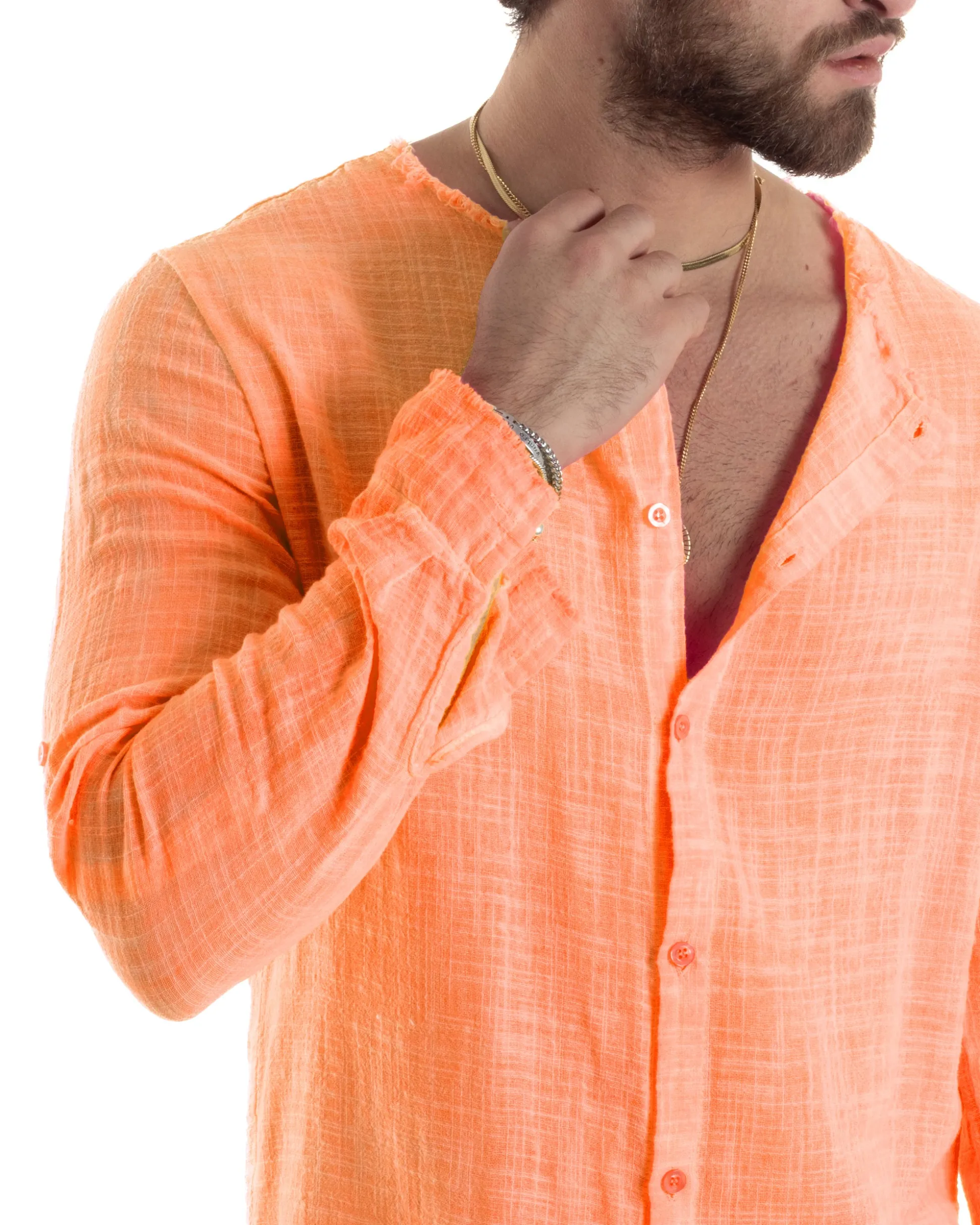 Camicia Uomo Collo Coreano Cotone Lino Sfrangiata Morbida Arancione Fluo GIOSAL-C2959A
