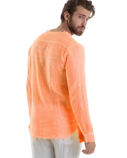 Camicia Uomo Collo Coreano Cotone Lino Sfrangiata Morbida Arancione Fluo GIOSAL-C2959A