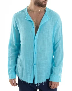 Camicia Uomo Collo Coreano Cotone Lino Sfrangiata Morbida Turchese GIOSAL-C2839A