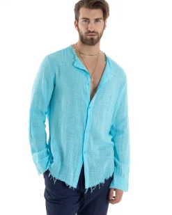 Camicia Uomo Collo Coreano Cotone Lino Sfrangiata Morbida Turchese GIOSAL-C2839A