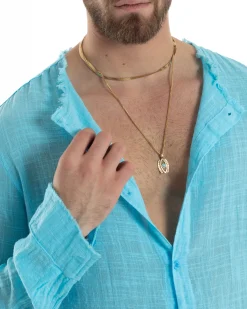Camicia Uomo Collo Coreano Cotone Lino Sfrangiata Morbida Turchese GIOSAL-C2839A