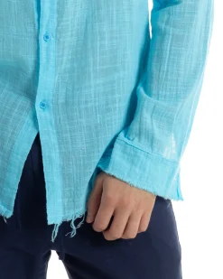 Camicia Uomo Collo Coreano Cotone Lino Sfrangiata Morbida Turchese GIOSAL-C2839A