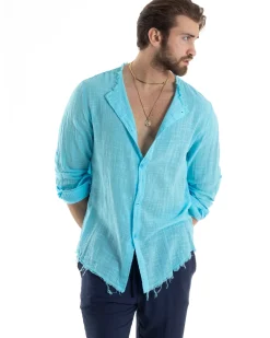 Camicia Uomo Collo Coreano Cotone Lino Sfrangiata Morbida Turchese GIOSAL-C2839A