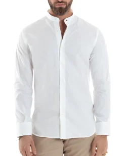 Camicia Uomo Collo Coreano Cotone Basic Sartoriale Slim Fit Bianco C2934A