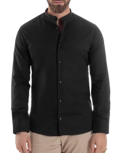 Camicia Uomo Collo Coreano Cotone Basic Sartoriale Slim Fit Nero C2931A