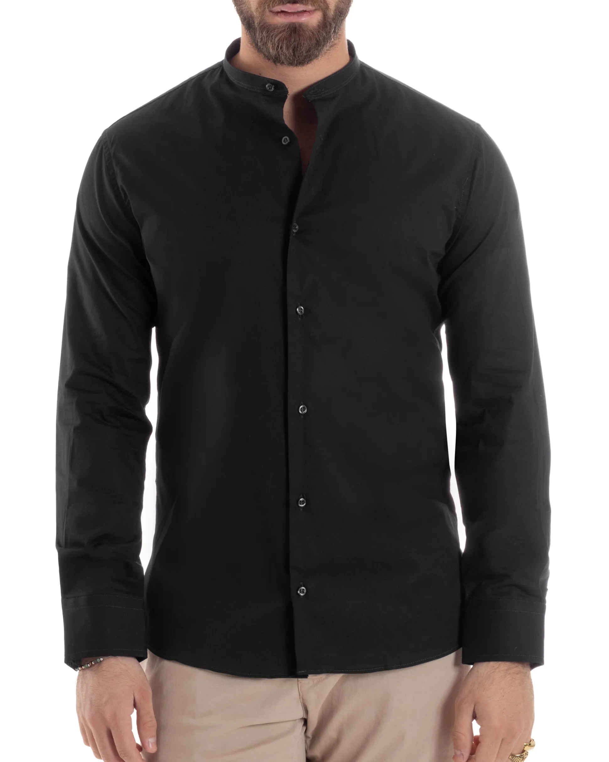 Camicia Uomo Collo Coreano Cotone Basic Sartoriale Slim Fit Nero C2931A